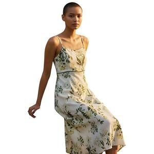 Ann Taylor Loft size 8 Sunflower Print  Linen Blend A-Line Dress  Green Trim